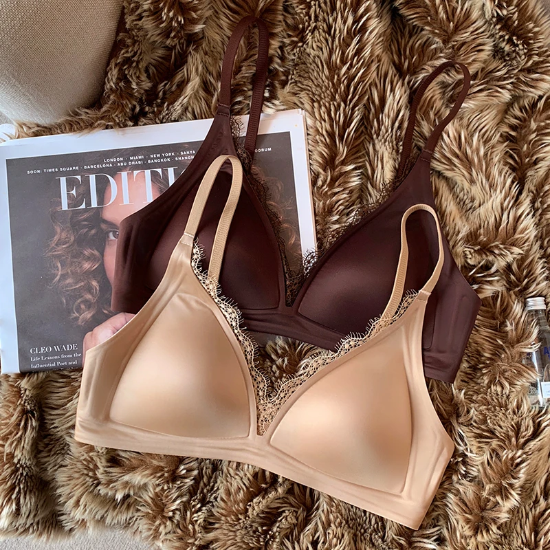 提未苏法式蕾丝内衣女缎面小胸聚拢粉底液性感无钢圈收副乳文胸罩