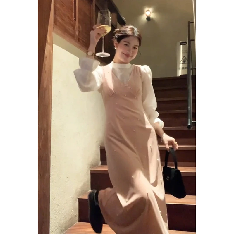 MARIE.COCO韩系少女风粉色V领连衣裙内搭长袖打底衫上衣两件套装