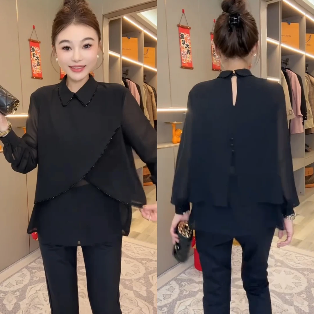 黑色手工钉珠重工俩两件翻领圆领T恤小衫上衣洋气时尚百搭