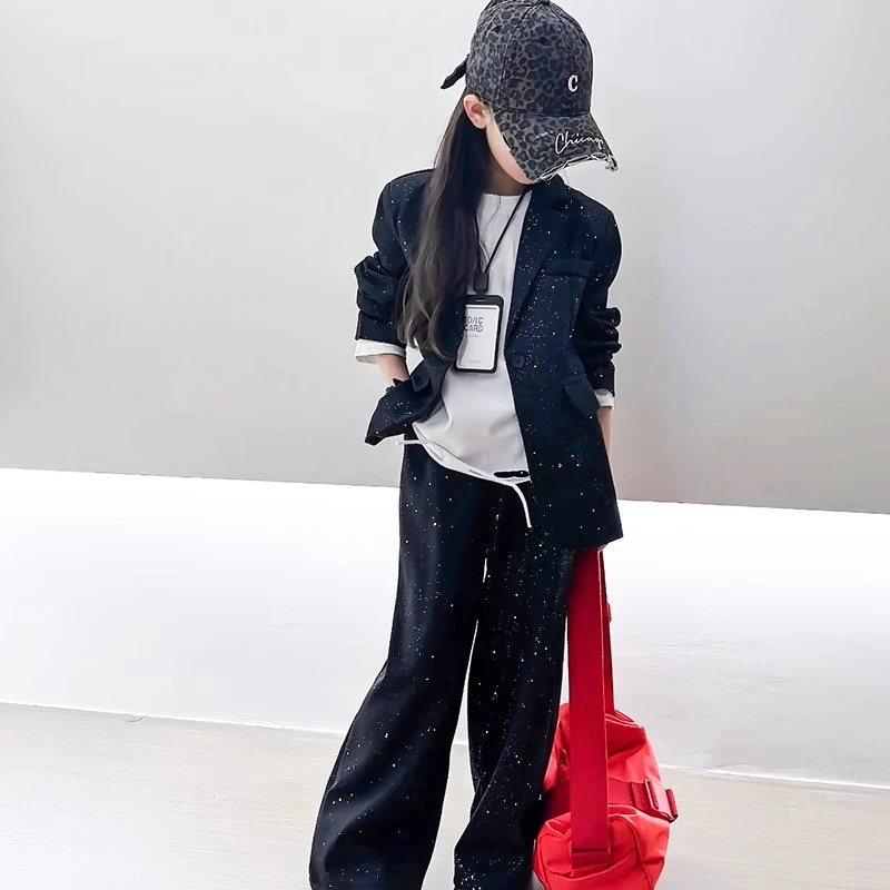 女童2025西装套装春装新款中大童时髦撒银外套洋气女孩西裤两件套