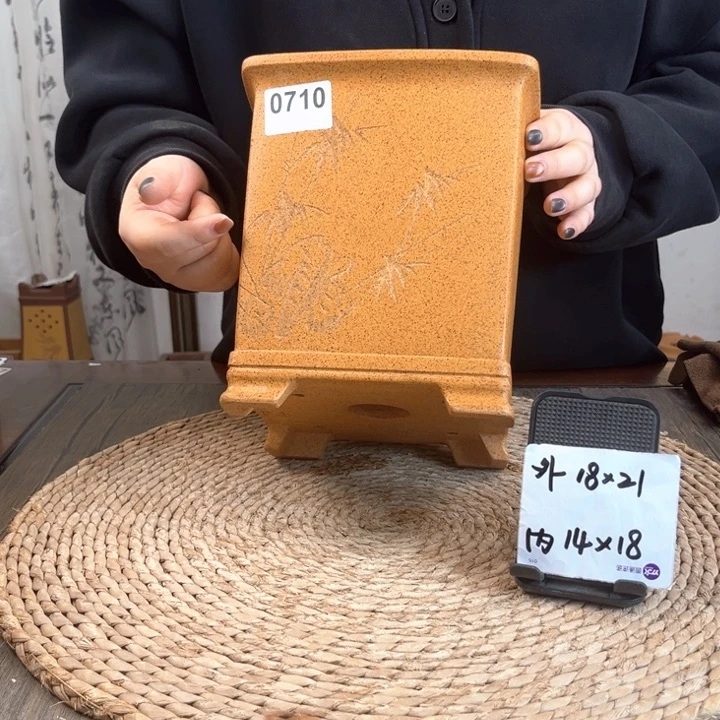 紫砂花盆柴烧竹刻高四方0710