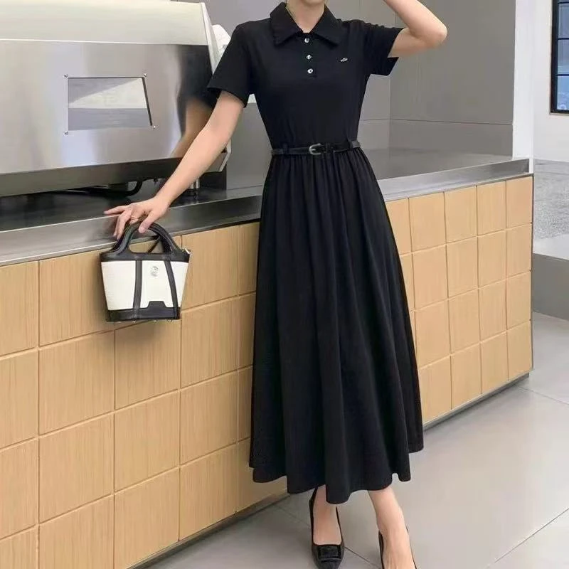 6054#【长112】2025新款时尚收腰显瘦气质翻领短袖连衣裙