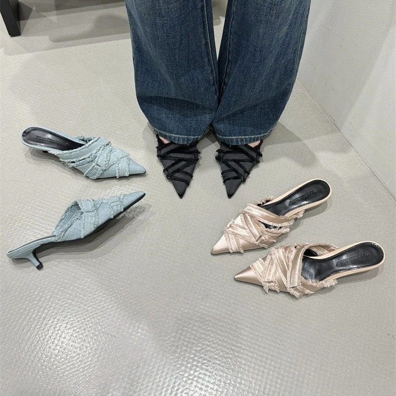 欧美个性设计包头半拖鞋女夏外穿2025年新款尖头气质高跟穆勒鞋