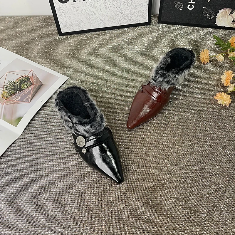 李单单 | 牛皮/金羔毛/5cm/粗跟冬季保暖尖头拖鞋