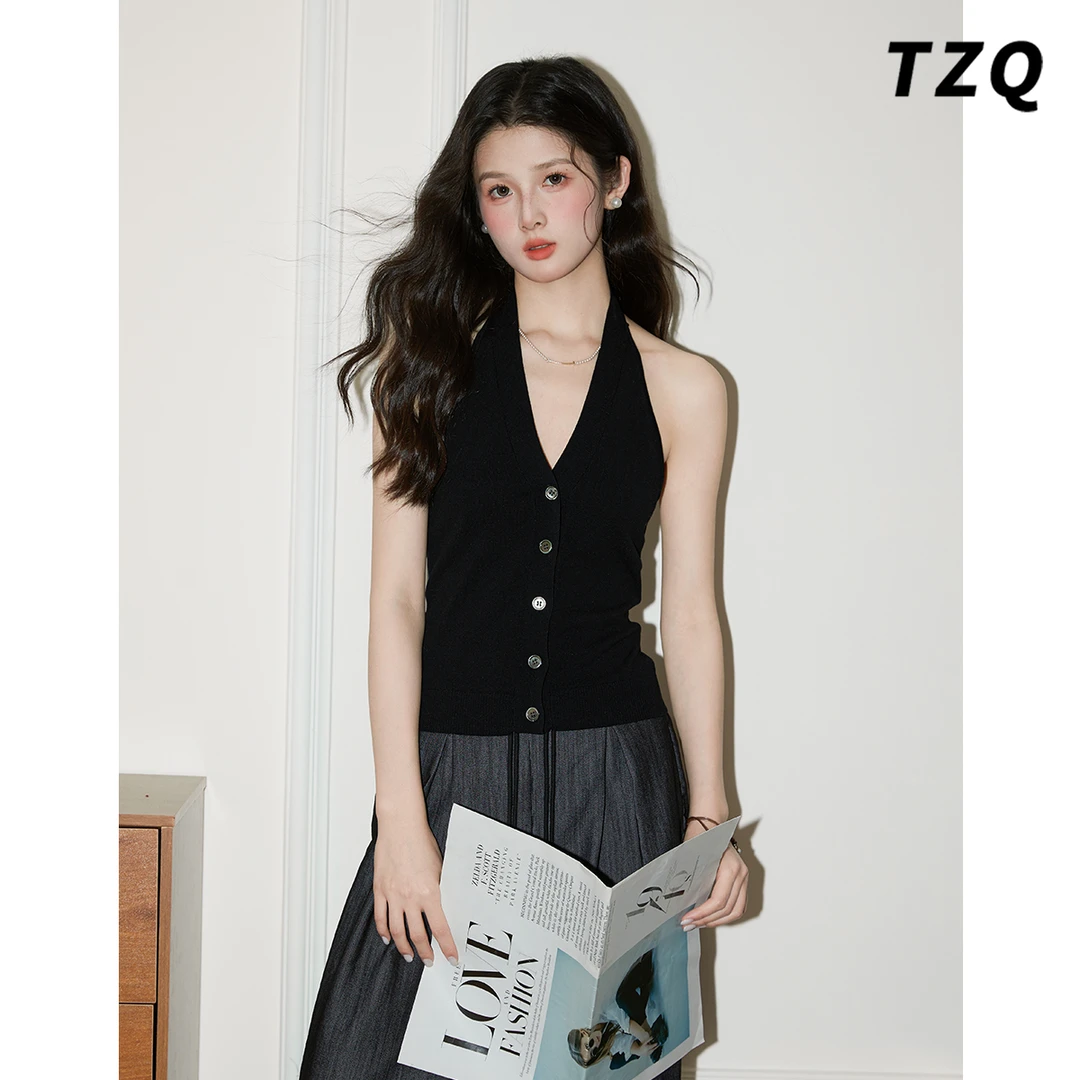 设计感无袖针织吊带背心女款夏季薄款修身显瘦开衫上衣TZQ2551413