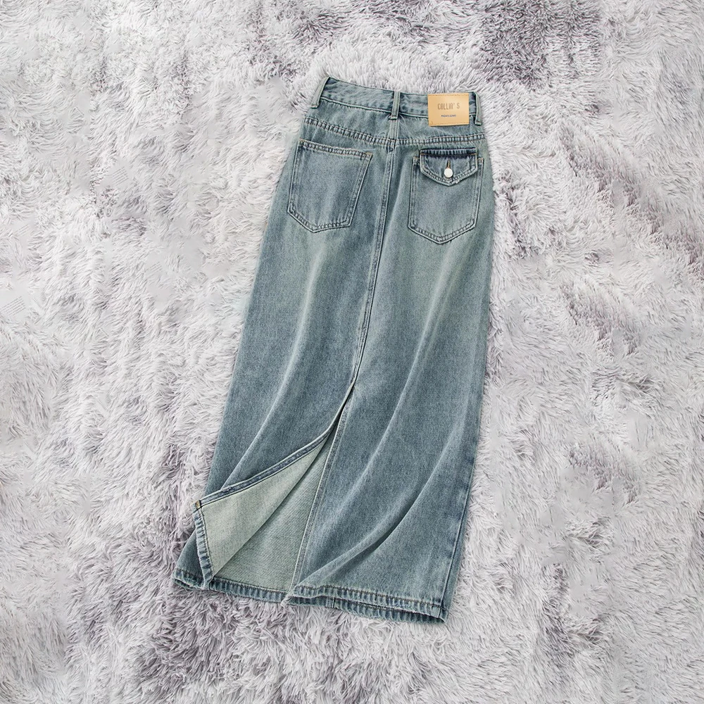 2025高腰牛仔半身裙后开叉直筒显瘦中长款A字裙口袋宽松半身裙