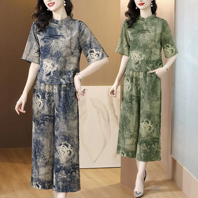中老年妈妈夏季香云纱国风套装高贵印花新中式阔腿裤上衣两件套女