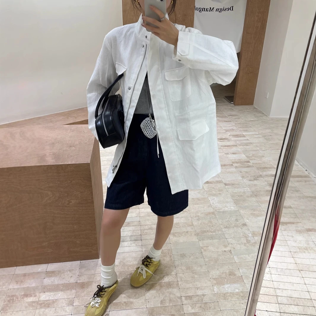 南油L*P厂家新款纯色经典四口袋亚麻透气老钱风拉链春夏收腰外套
