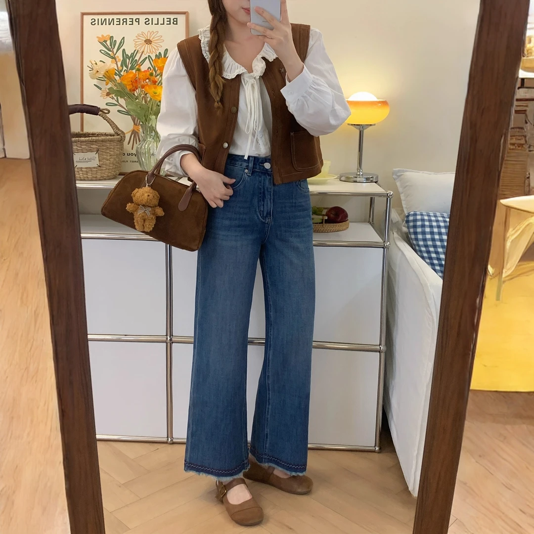 蓝色直筒牛仔裤女秋季新款高腰胖mm大码宽松显瘦梨形身材阔腿裤子