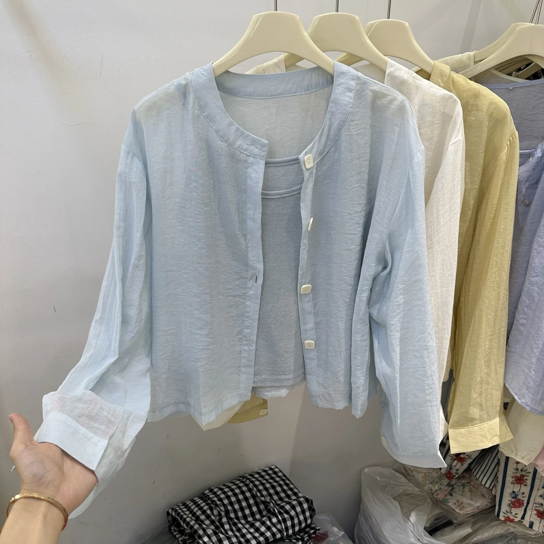 韩系简约圆领单排扣宽松防晒衬衫＋吊带背心两件套女2025夏季新款