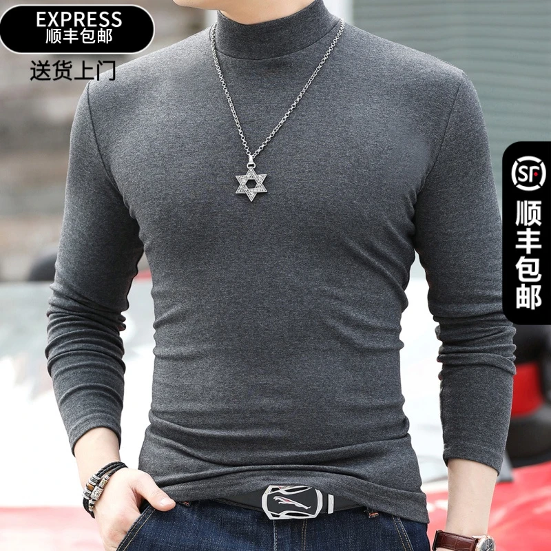 秋冬纯棉男士半高领长袖T恤修身保暖体恤纯色潮流时尚紧身打底衫