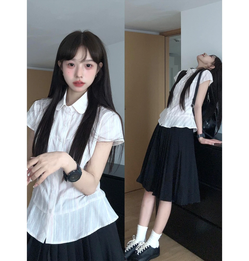 学院风粉色条纹polo领短袖衬衫女夏季收腰显瘦减龄百褶半身裙套装