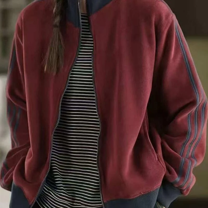 冬季加绒加厚双面奥利绒休闲减龄百搭洋气拼色外套8088款