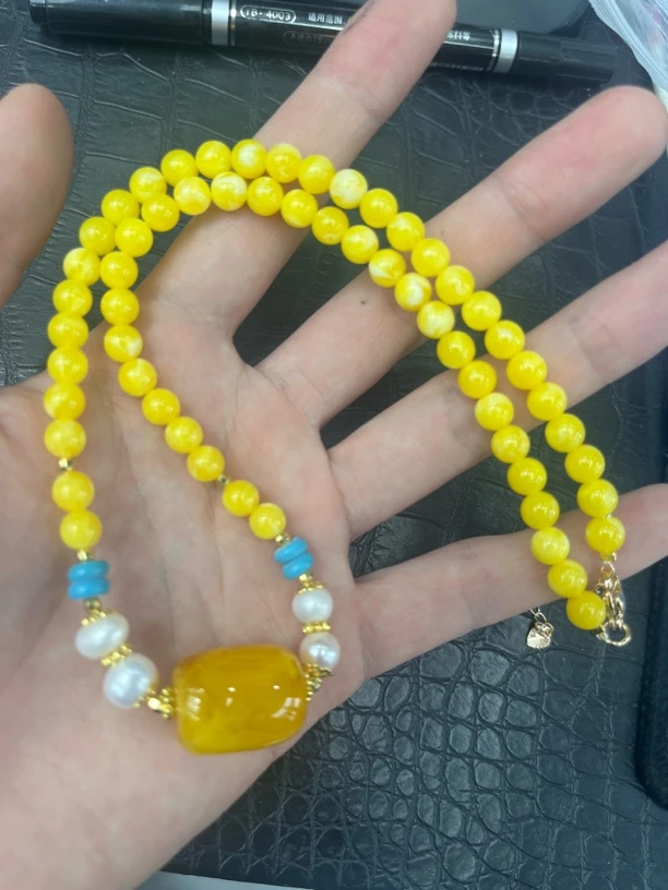 美货 鸡油黄6mm圆珠珍珠锁骨链