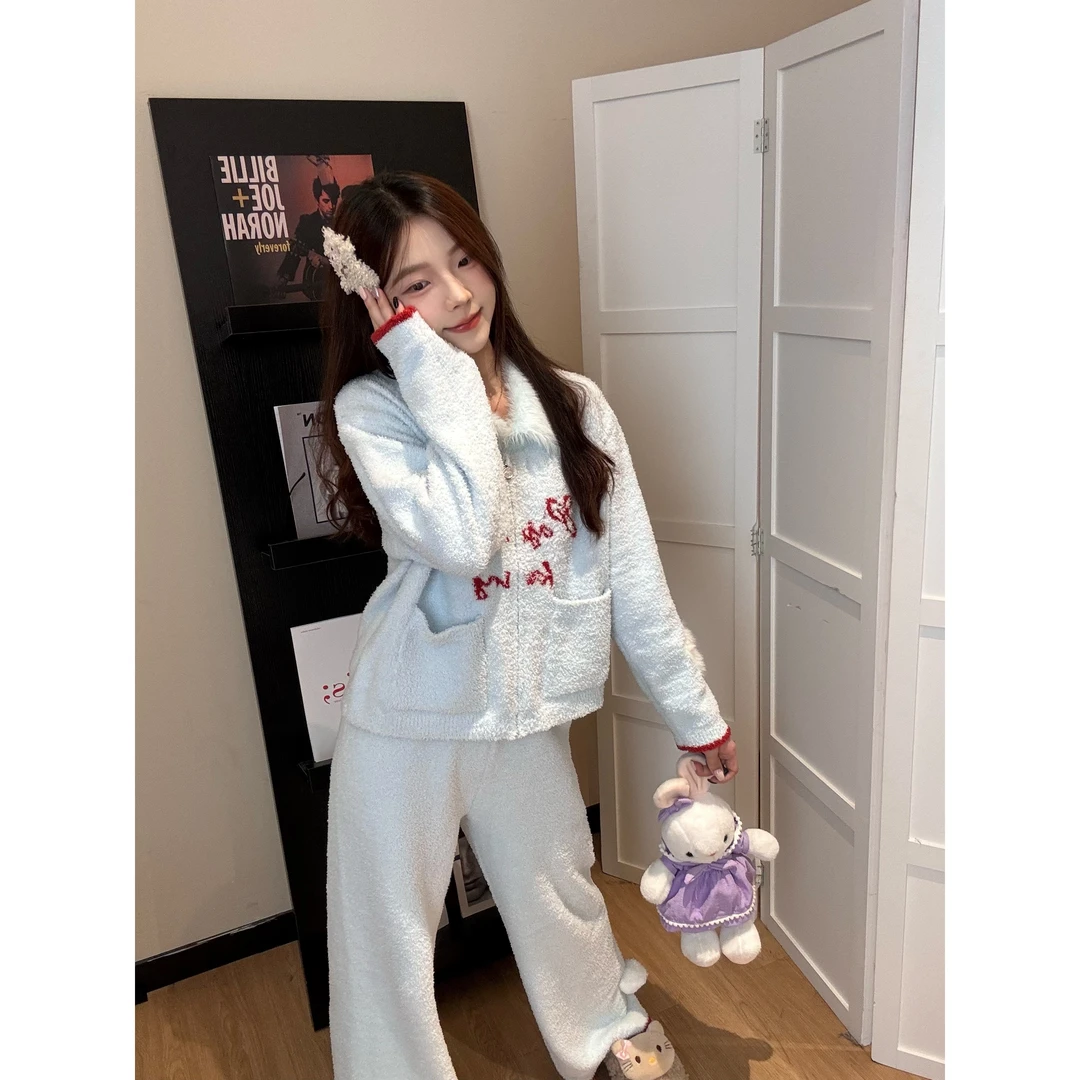 韩系温柔甜美可爱半边绒睡衣女加厚秋冬新款宽松休闲家居服套装