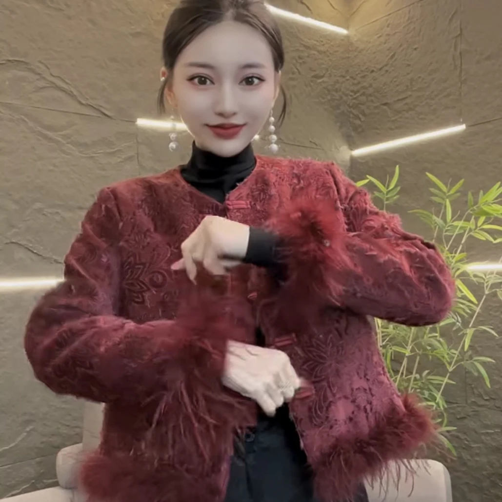 短大衣新中式气质女唐装女装短外套毛毛网红时尚百搭女士红色加厚