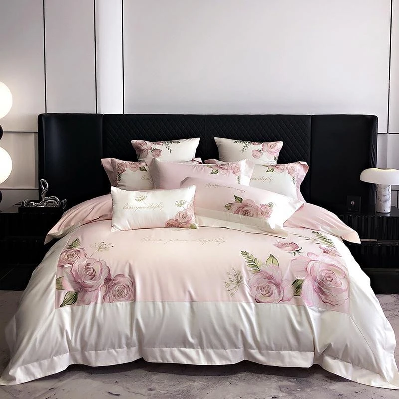 罗莱雅选家纺新中式全棉长绒棉床笠四件套田园花卉绣花被套婚庆结