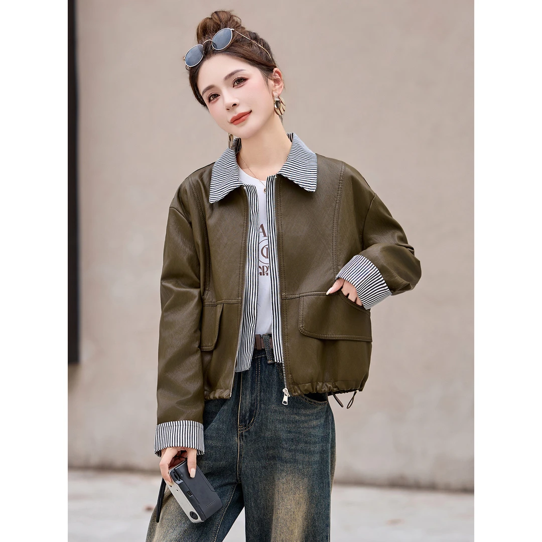 2025秋季新款女装假两件时尚休闲百搭PU皮夹克皮衣外套女WA2529