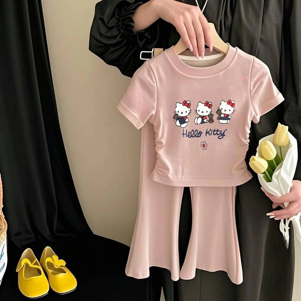 女童夏季套装新款休闲宝宝印花外穿喇叭裤短袖卡通洋气潮流两件套