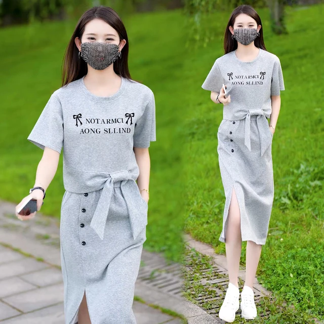 时尚休闲运动服套装女士2025夏季新款蝴蝶结短袖开叉半身裙两件套