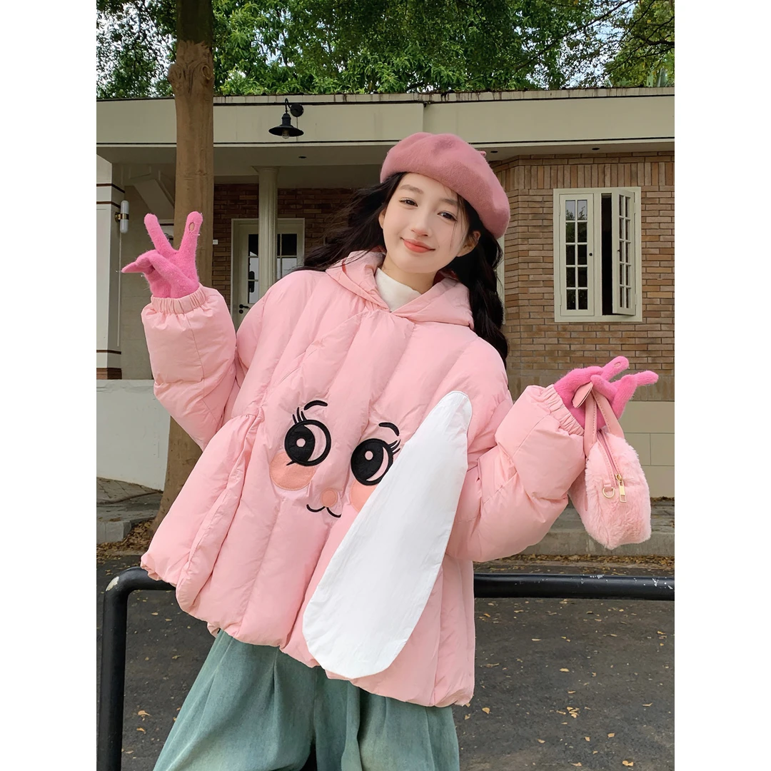 大码百搭甜美可爱风卡通立体大耳朵狗连帽棉衣棉服外套女短款