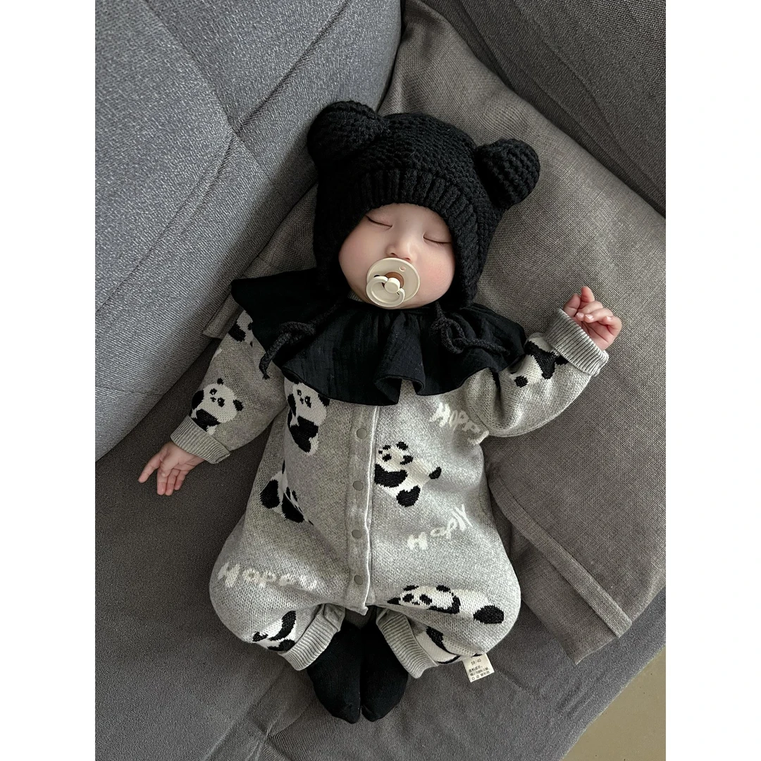 MK&UR.BV婴儿衣服熊猫针织毛衣连体衣秋冬装男宝宝超萌小月龄哈衣