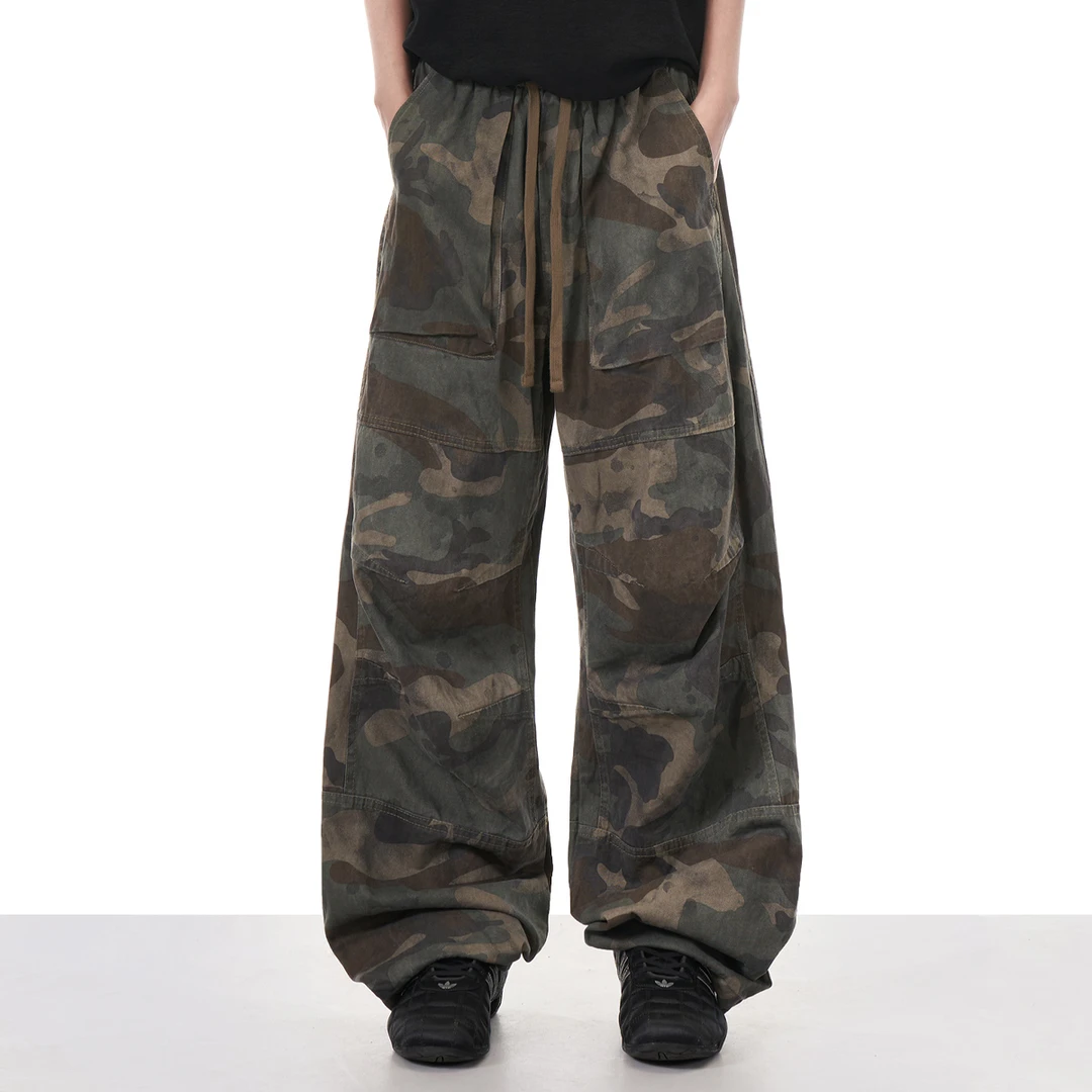 NOONOZ裤子男款夏季美式迷彩工装裤新款废土风男装宽松休闲弯刀裤