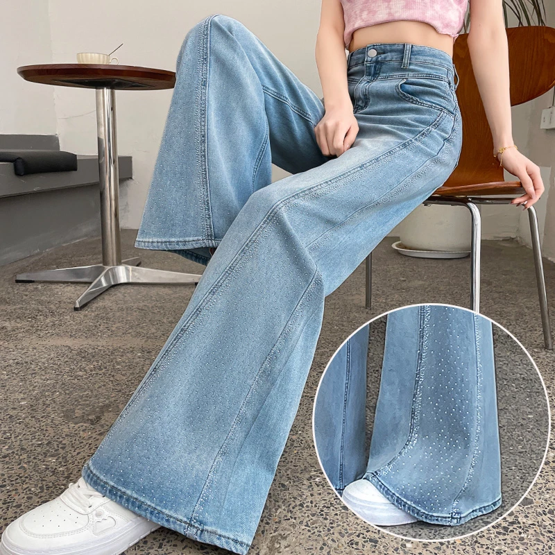 浅蓝色满天星烫钻阔腿牛仔裤女2025夏季薄款宽松大脚天丝拖地裤子