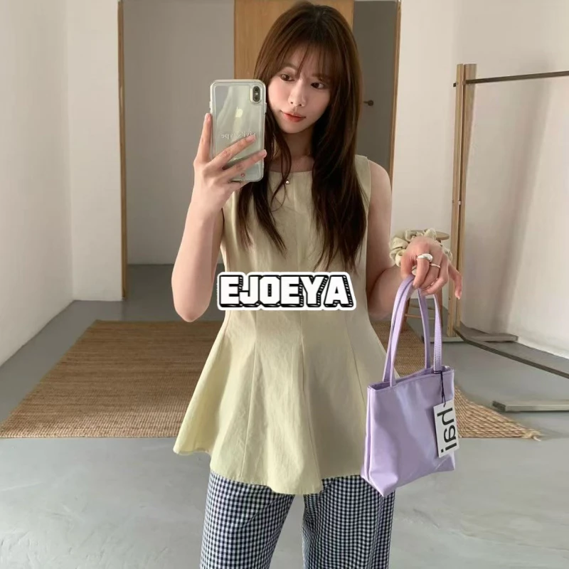 EJOEYA韩系简约气质温柔夏日色彩透气百搭通勤微收腰无袖上衣