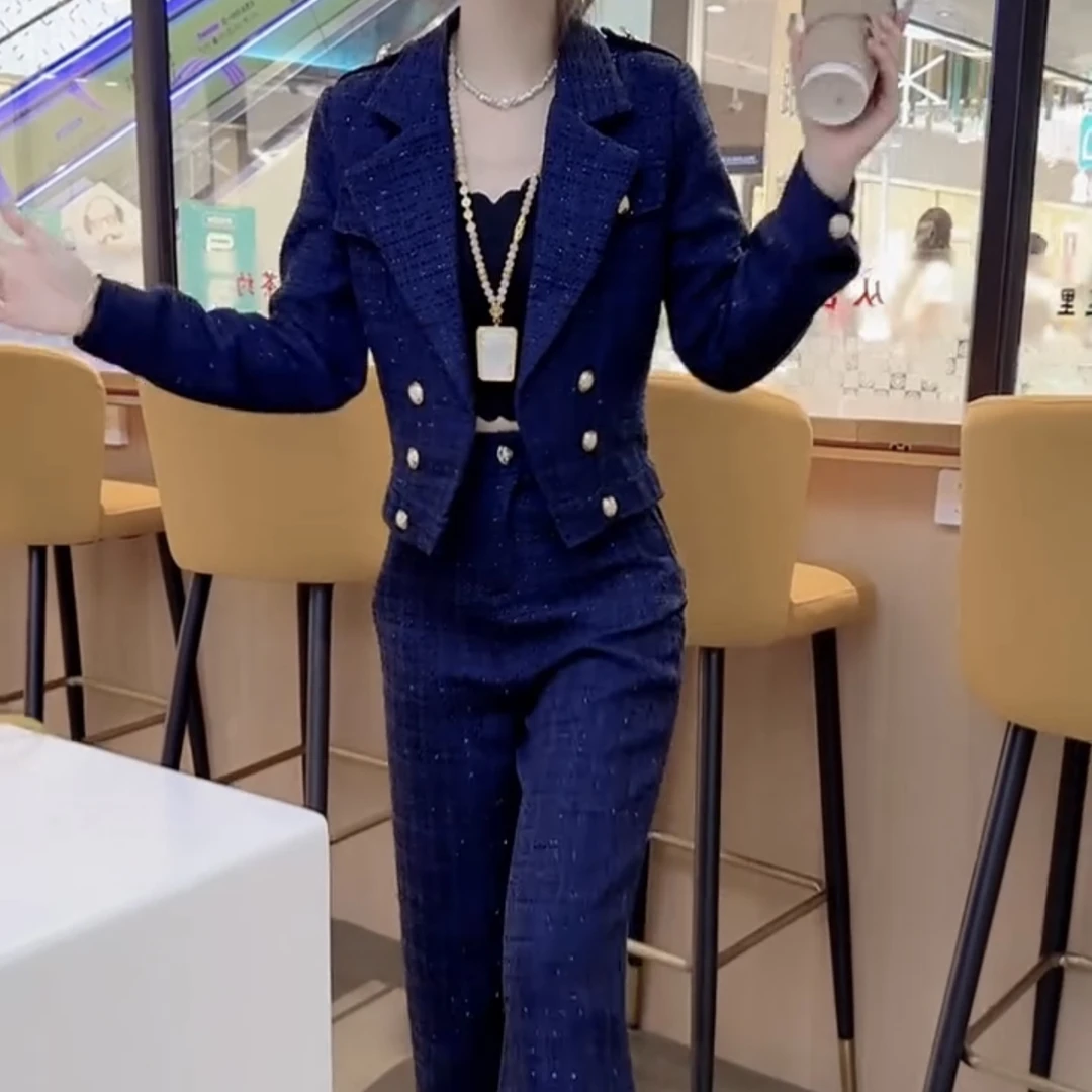 秋季气质小香风亮丝拼接翻领长袖上衣搭配长裤套装