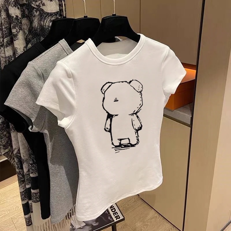 2025夏季正肩体恤纯棉圆领短袖t恤女装时尚百搭显瘦洋气白色上衣