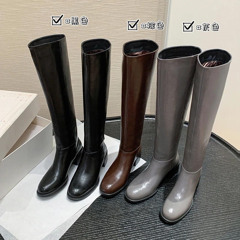 【骑士靴】牛皮4.5CM/筒高45-秀气显瘦套筒平口高筒靴时尚长靴