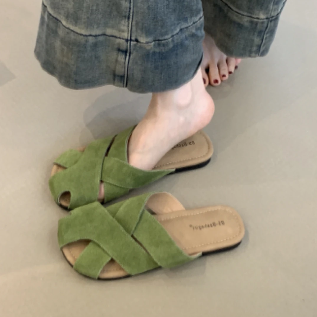 BS-7755-5真皮森系复古包头半拖鞋外穿2025年镂空编织一脚蹬拖鞋