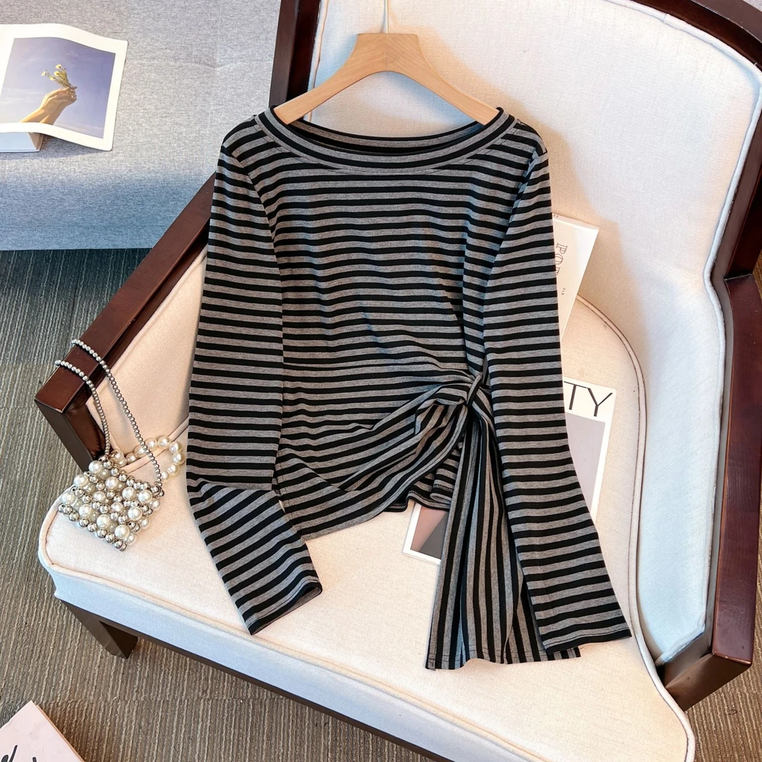 【运补5】大码胖mm韩系条纹不规则开叉斜肩长袖T恤女装早秋收腰上衣