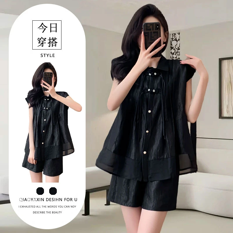 大码女装休闲时尚套装女夏季新款提花复古盘扣衬衫+短裤两件套装