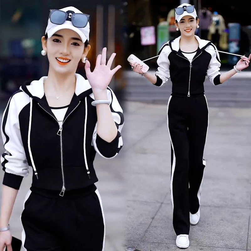 时尚休闲套装女2025春秋新款洋气连帽开衫小个子卫衣运动服两件套