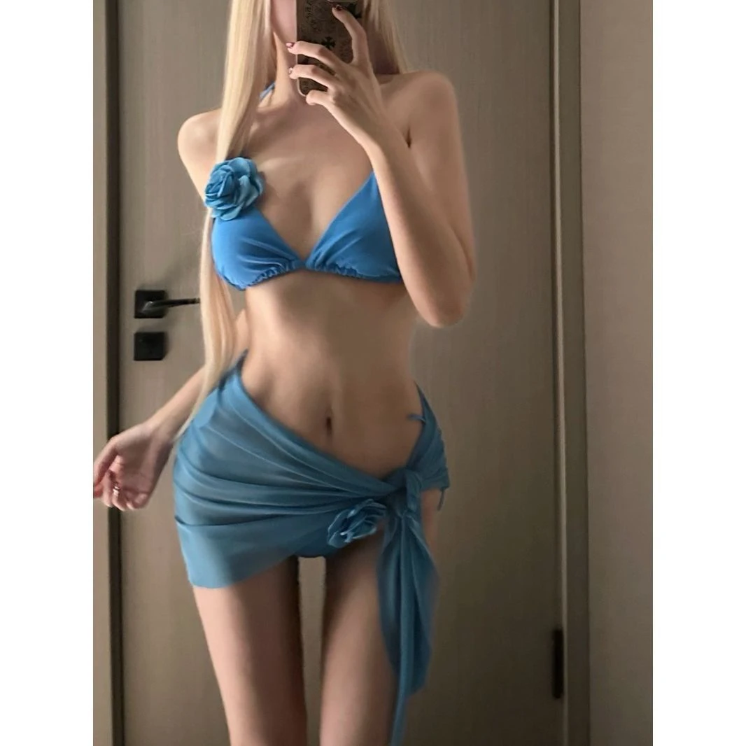 三件套绑带女比基尼套装海岛度假显白泡温泉有胸垫泰国巴厘岛显白