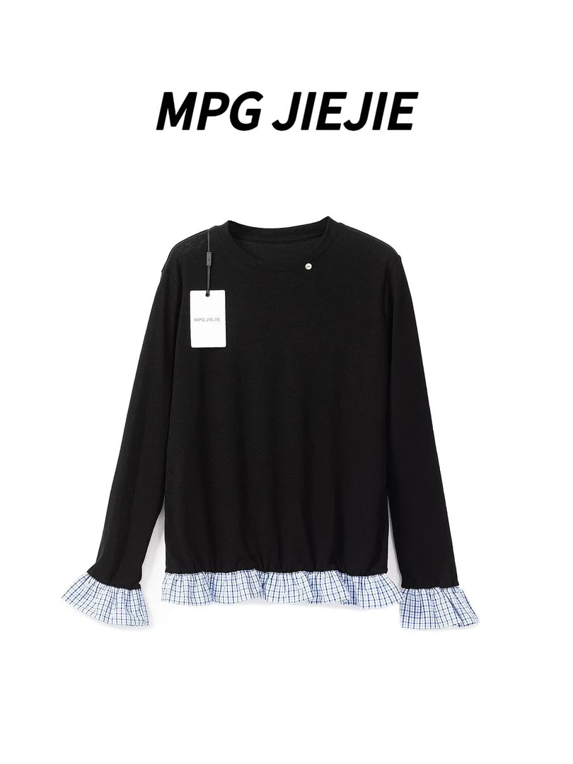 MPG JIEJIE【英格兰】25春夏大码假两件短款黑色格纹拼接长袖上衣