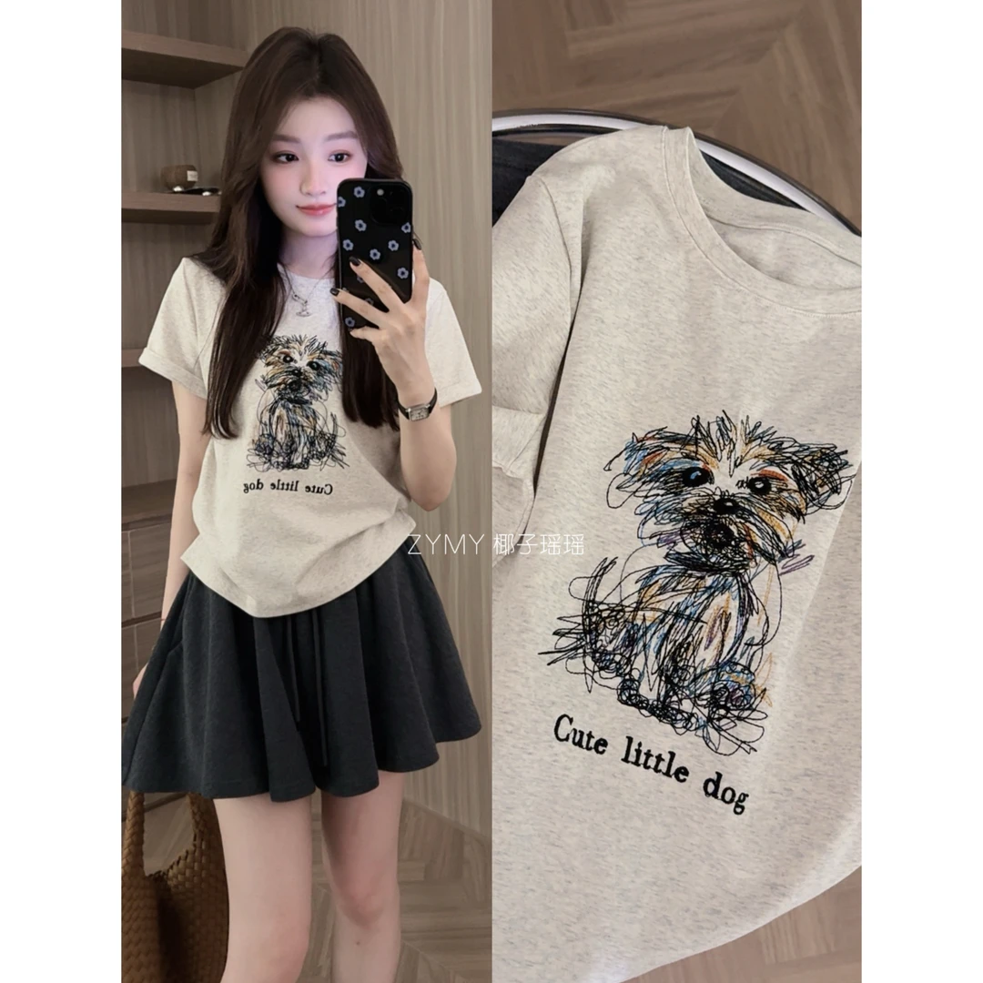 【凌乱小狗】版型很好圆领简约设计感百搭显瘦小狗图案正肩T恤短袖