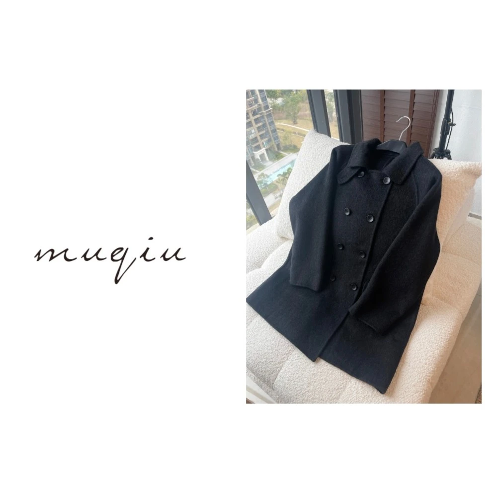 【清仓】青慕知湫～【北欧时刻】～黑灰色双排扣中长款羊毛大衣外套