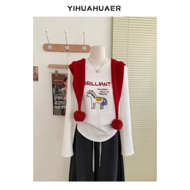 【小木马】东大门韩版休闲刺绣字母小马图案减龄澳绒T恤4470