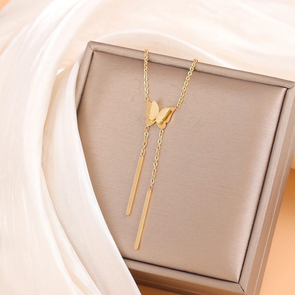 钛钢项链 气质立体流苏长款蝴蝶项链时尚小众简约轻奢设计感超仙