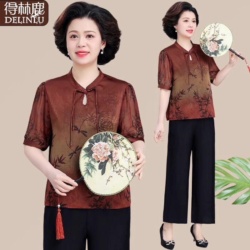 妈妈夏装套装2025新款贵夫人洋气上衣中老年女装夏季雪纺衬衫大码