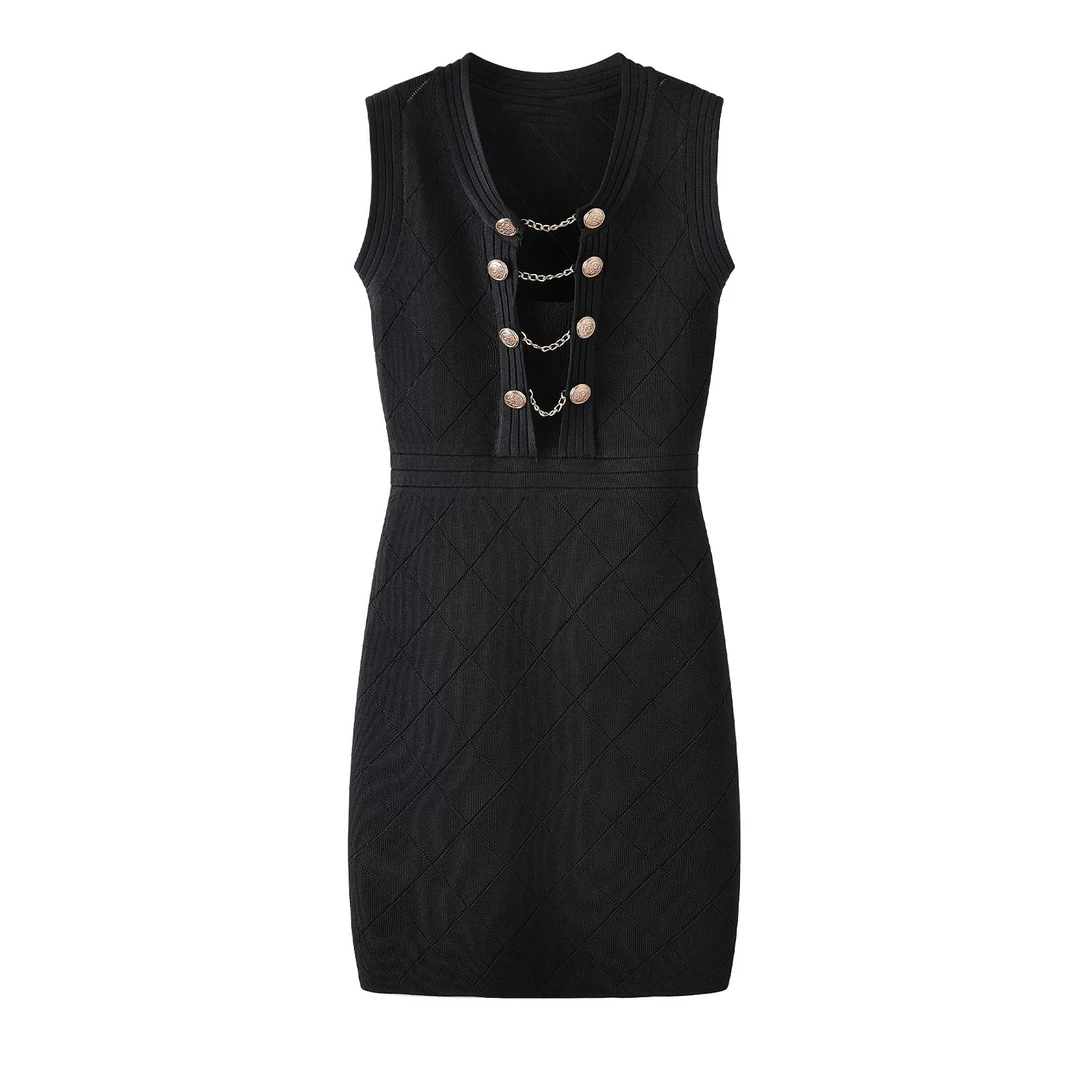 【CHANG.Q】202575法式气质名媛金属扣链条针织修身显瘦包臀连衣裙