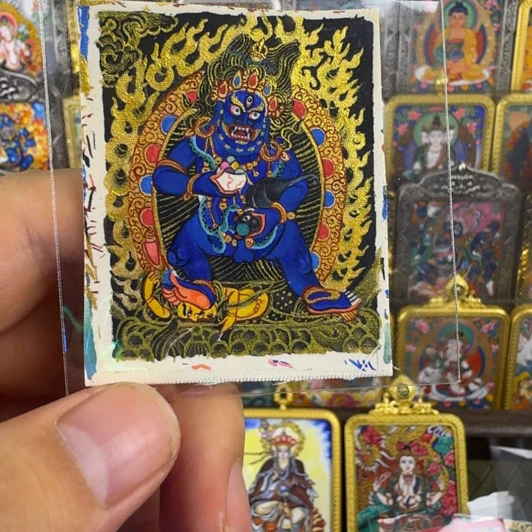 吊坠纯手绘黑金黑财神唐卡