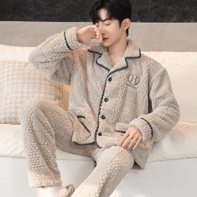 男士家居服长袖秋冬外穿睡衣套装