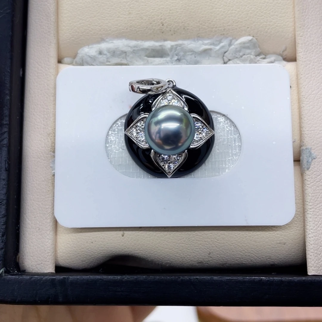 海水珍珠银S925镶嵌颈饰绿色复古小香风吊坠