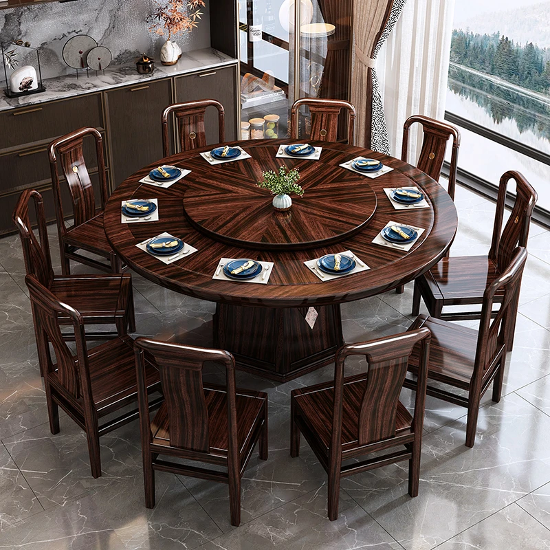 新中式乌金木拼色实木圆桌餐桌椅组合带转盘圆形家用餐厅饭店桌子