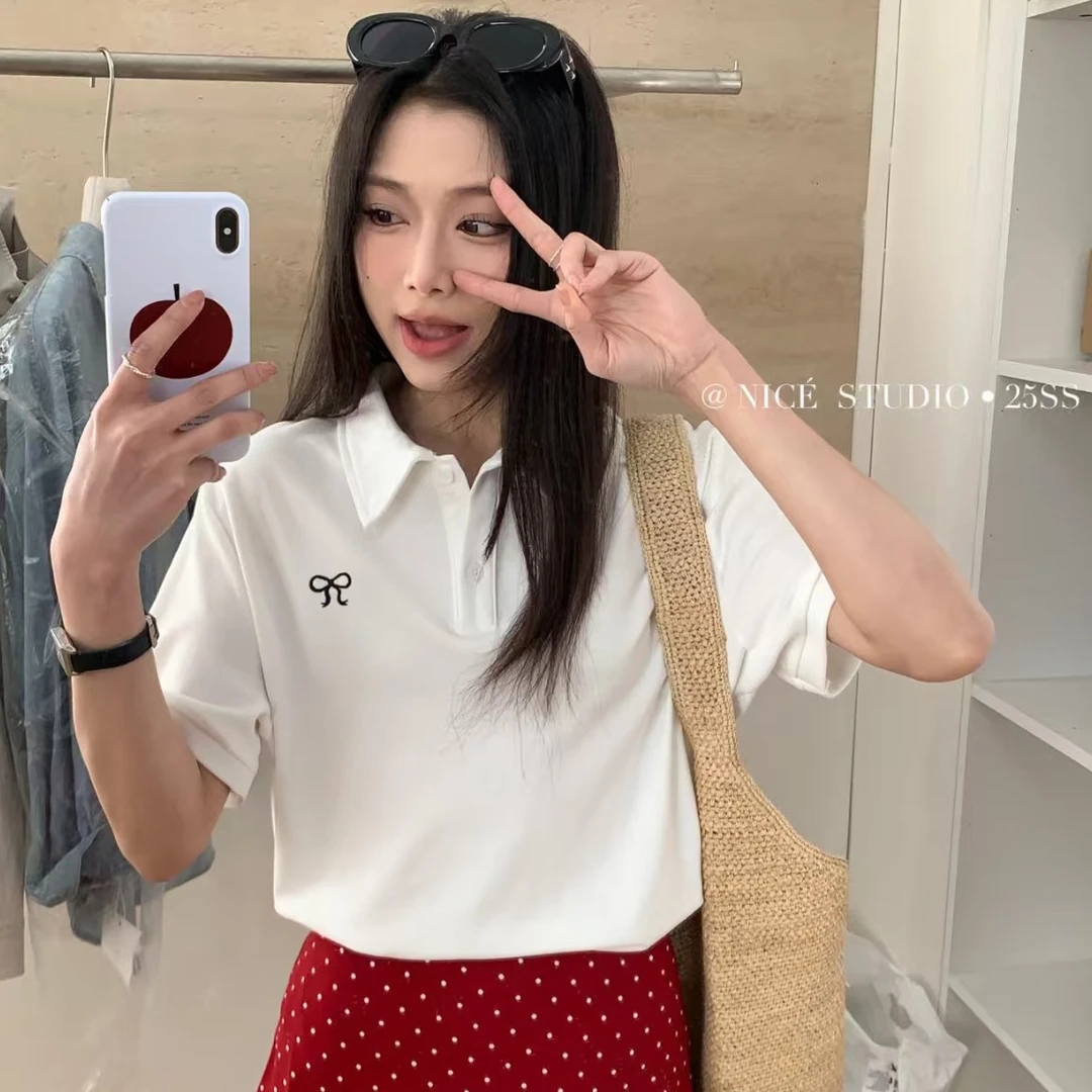 Meiky饼 洋气减龄 简约蝴蝶结刺绣polo领百搭上衣 4色
