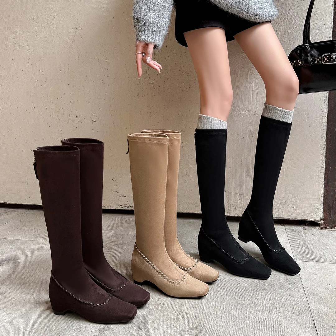 2025秋冬新款后拉链时尚高筒弹力靴子气质高跟内增高不过膝长靴女